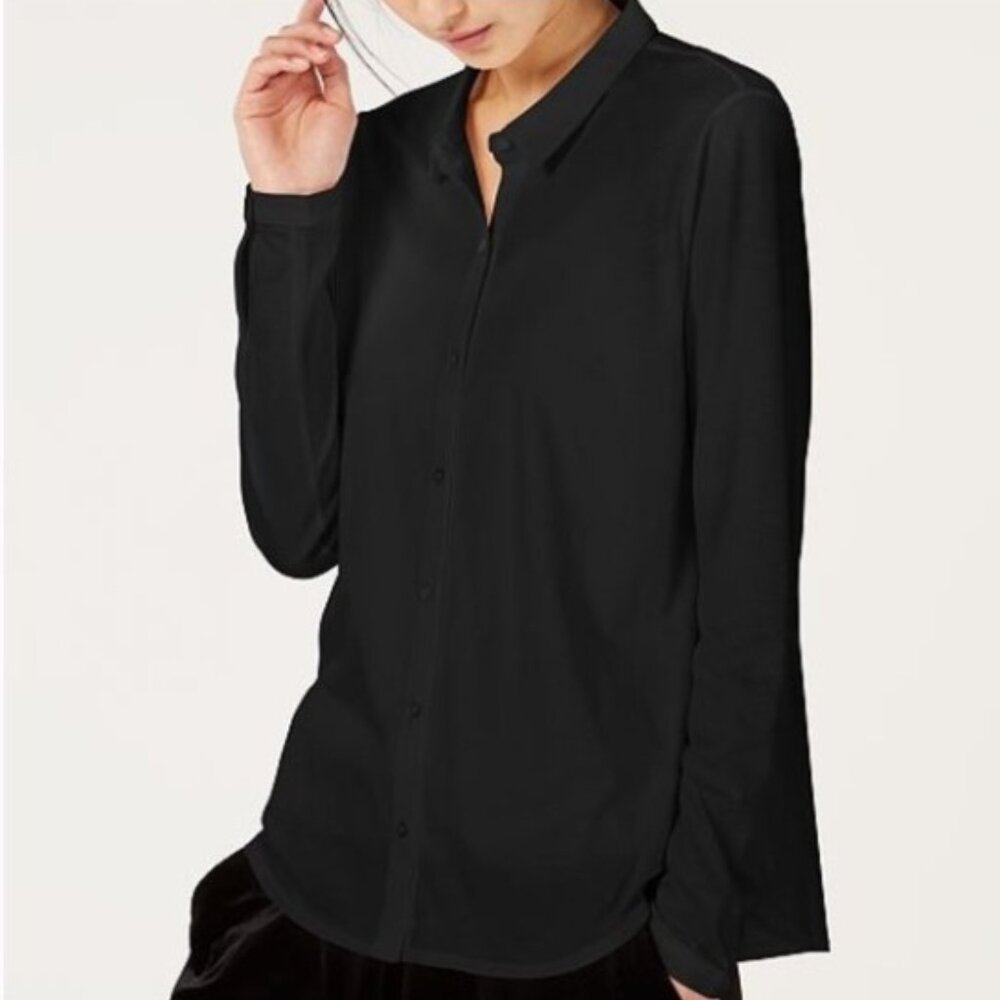 Eileen Fisher Black Organic Cotton Easy Jersey Button Up Dress Shirt Sz PP